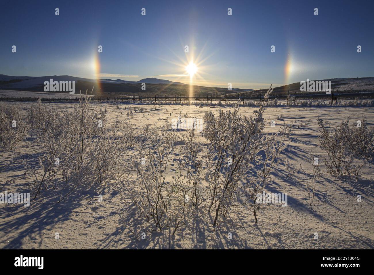 Halo-Effekt, Sonnenhunde, arktisches Phänomen, Dalton Highway, Alaska, USA, Nordamerika Stockfoto