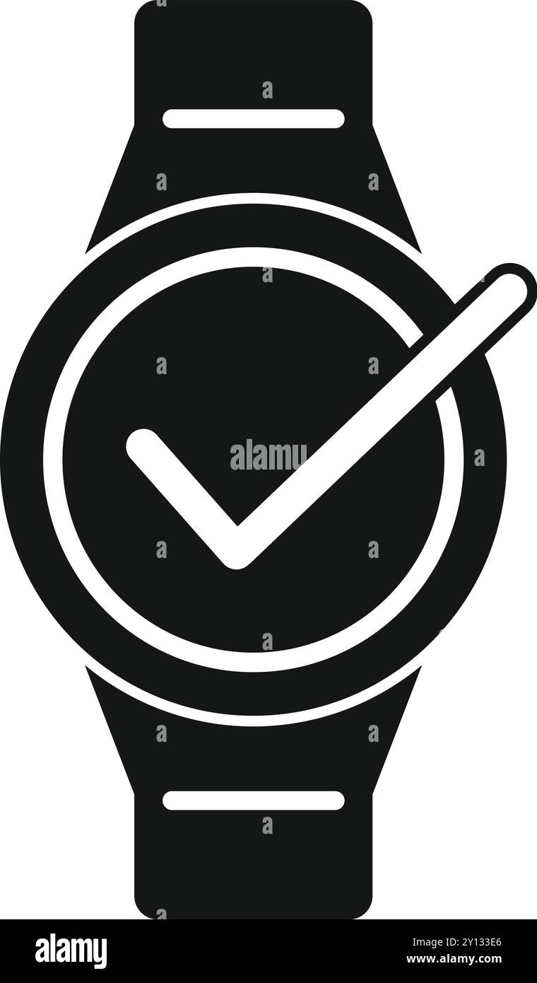 Schwarz-weiß-Symbol einer Smartwatch mit einem Häkchen, das das Konzept der Pünktlichkeit darstellt Stock Vektor