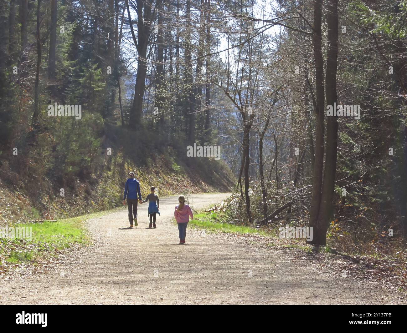 Mutter mit Sohn und Tochter wandern und Spaß haben und glücklich zusammen sein und Hände halten. Familienausflug in einen Wald im Frühling Stockfoto