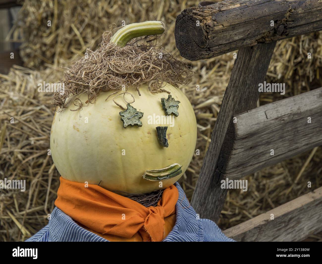 Kürbisfigur mit lustigem Gesicht aus Stroh und Kürbis vor einer Hütte, borken, münsterland, deutschland Stockfoto