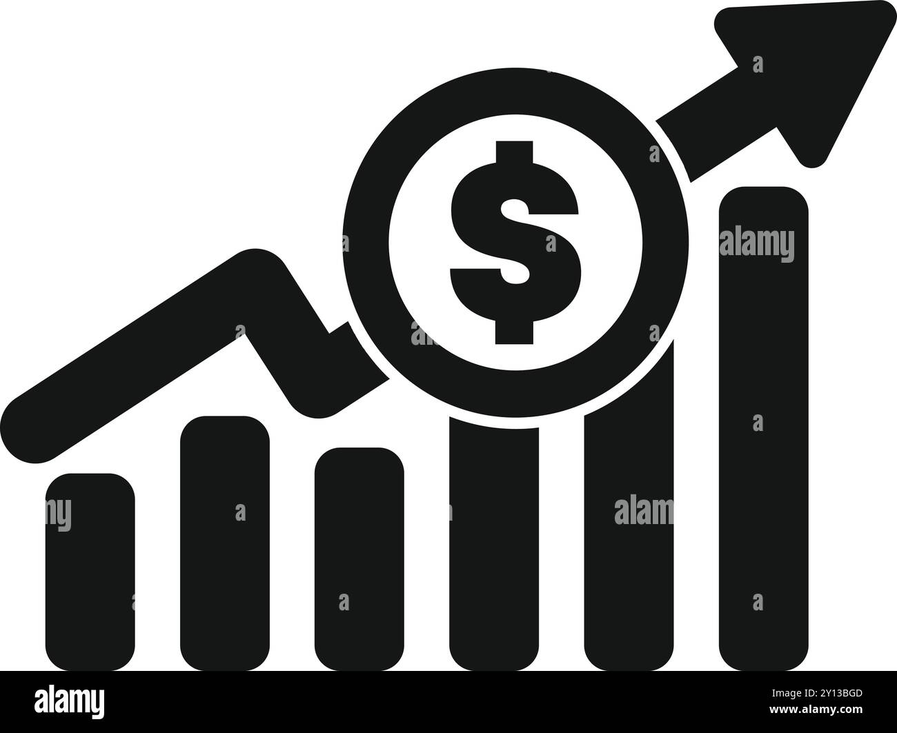 Schwarz-weiß-Symbol eines Diagramms, das mit einem Dollarzeichen steigt und den Gewinn erhöht Stock Vektor
