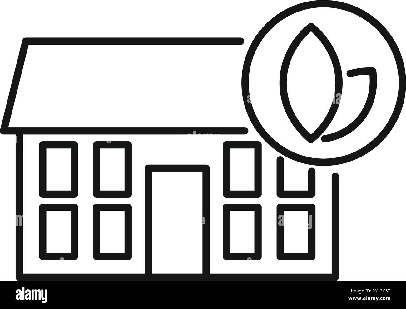 Strichkunstsymbol eines Gebäudes mit einem Blattsymbol, das umweltbewusstes Bauen und nachhaltige Lebensweisen fördert Stock Vektor