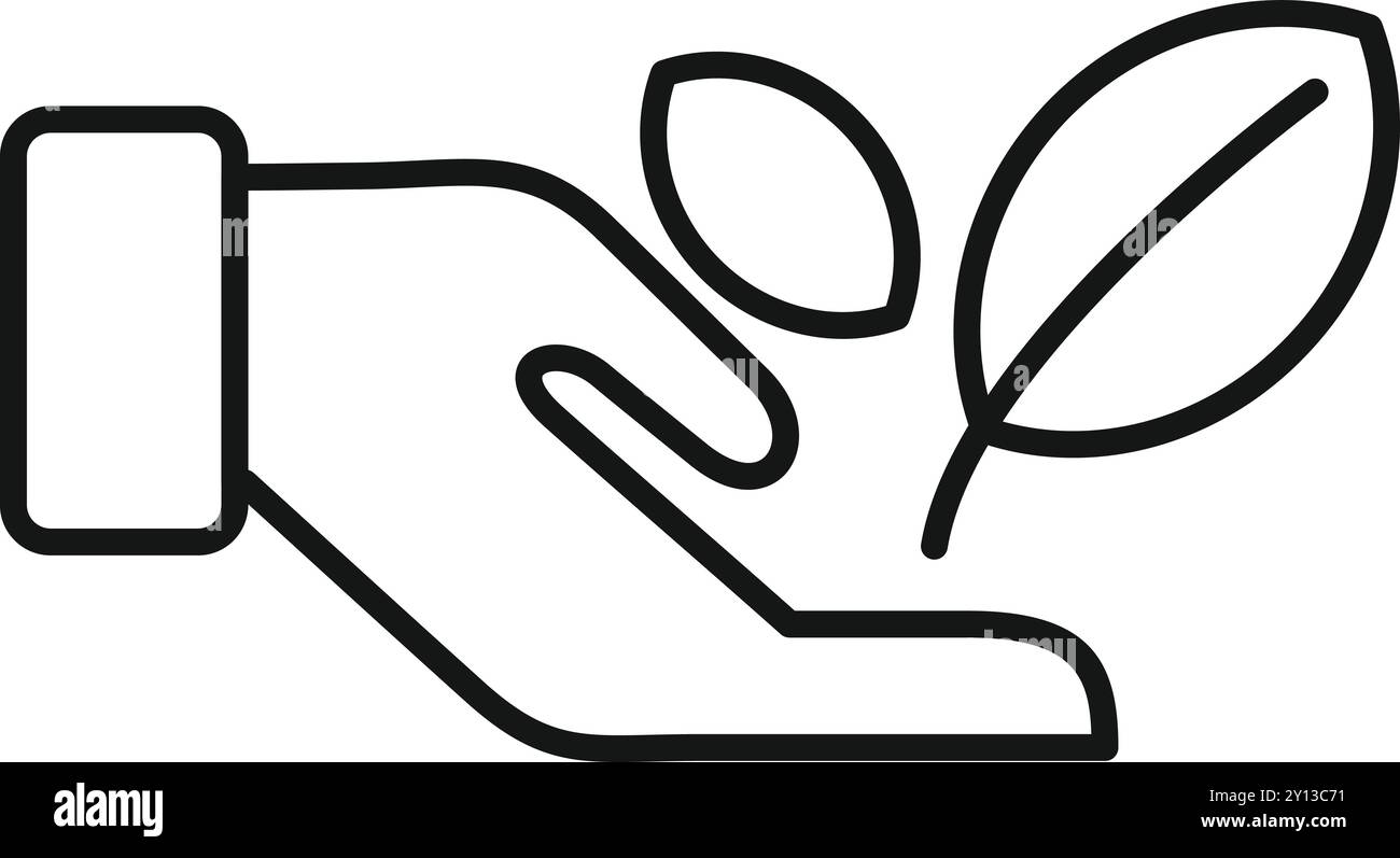 Linienzeichnung einer Hand mit drei Blättern als Symbol für Umweltschutz und Pflege Stock Vektor