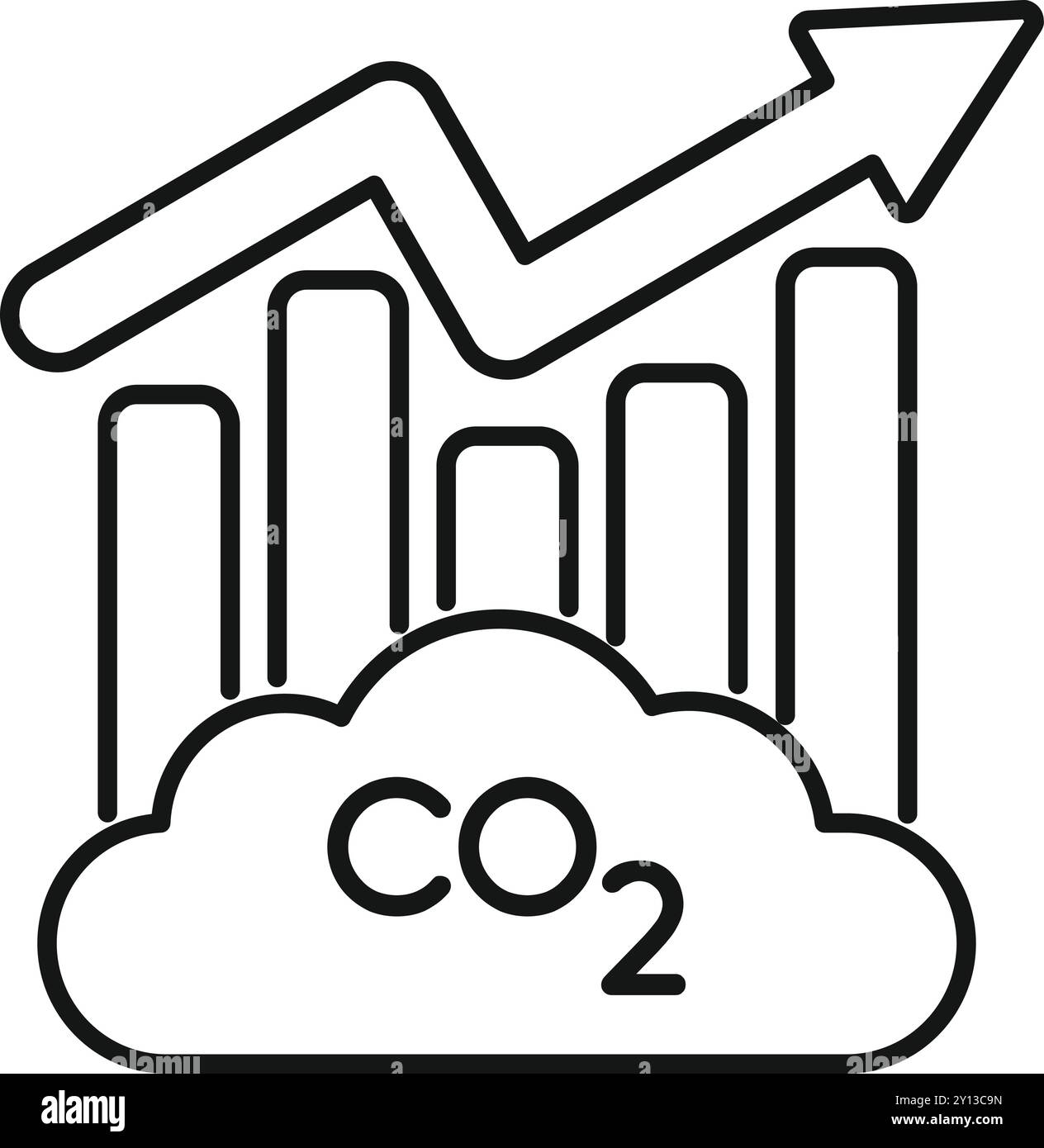 Strichgrafik-Symbol eines Balkendiagramms mit einem Aufwärtspfeil, der die steigenden co2-Emissionen anzeigt Stock Vektor
