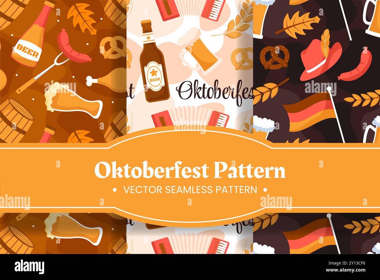 Festliches Oktoberfest nahtloses Muster-Design mit flacher Zeichentrickillustration Stock Vektor