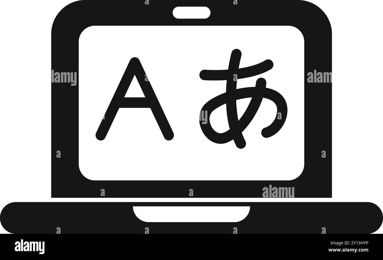 Dieses einfache Symbol repräsentiert das Konzept des Online-Sprachenlernens. Auf einem Laptop werden sowohl englische als auch japanische Schriftzeichen angezeigt Stock Vektor