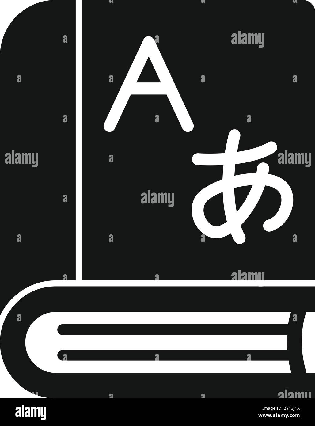 Einfaches Symbol, das ein Buch mit japanischen Schriftzeichen darstellt, das das Erlernen von Sprachen oder kulturelle Entdeckungen andeutet Stock Vektor
