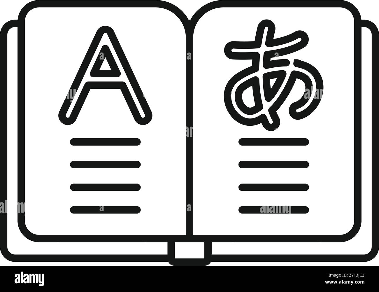 Symbol für das offene Buch mit verschiedenen Alphabeten und Zeilen zur Übersetzung, ideal für Lernressourcen Stock Vektor