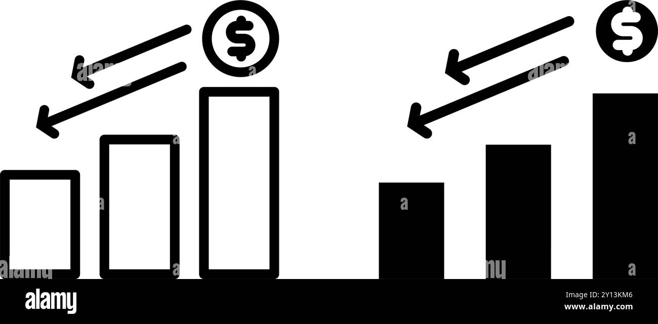 Symbol Dollargeldrückgang oder -Rückgang, Inflationswährung, Finanzen und Wirtschaft. Bearbeitbare Datei Stock Vektor