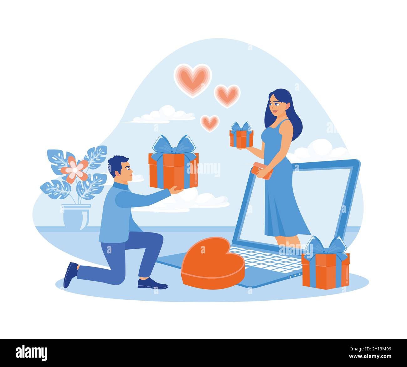 Junge Paare feiern den Valentinstag online. Sie zeigen einander während eines Videoanrufs auf einem Laptop-Bildschirm Geschenke. Konzept virtueller Beziehungen. Flache vecto Stock Vektor