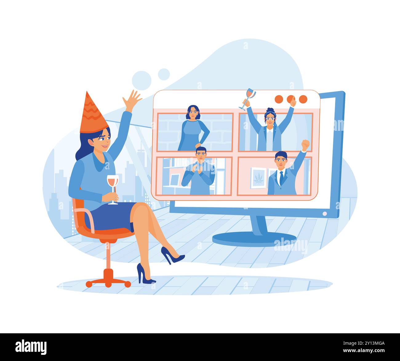 Videokonferenz mit Freunden und Familie. Party für lange Distanzen. Konzept virtueller Beziehungen. Illustration des flachen Vektors. Stock Vektor