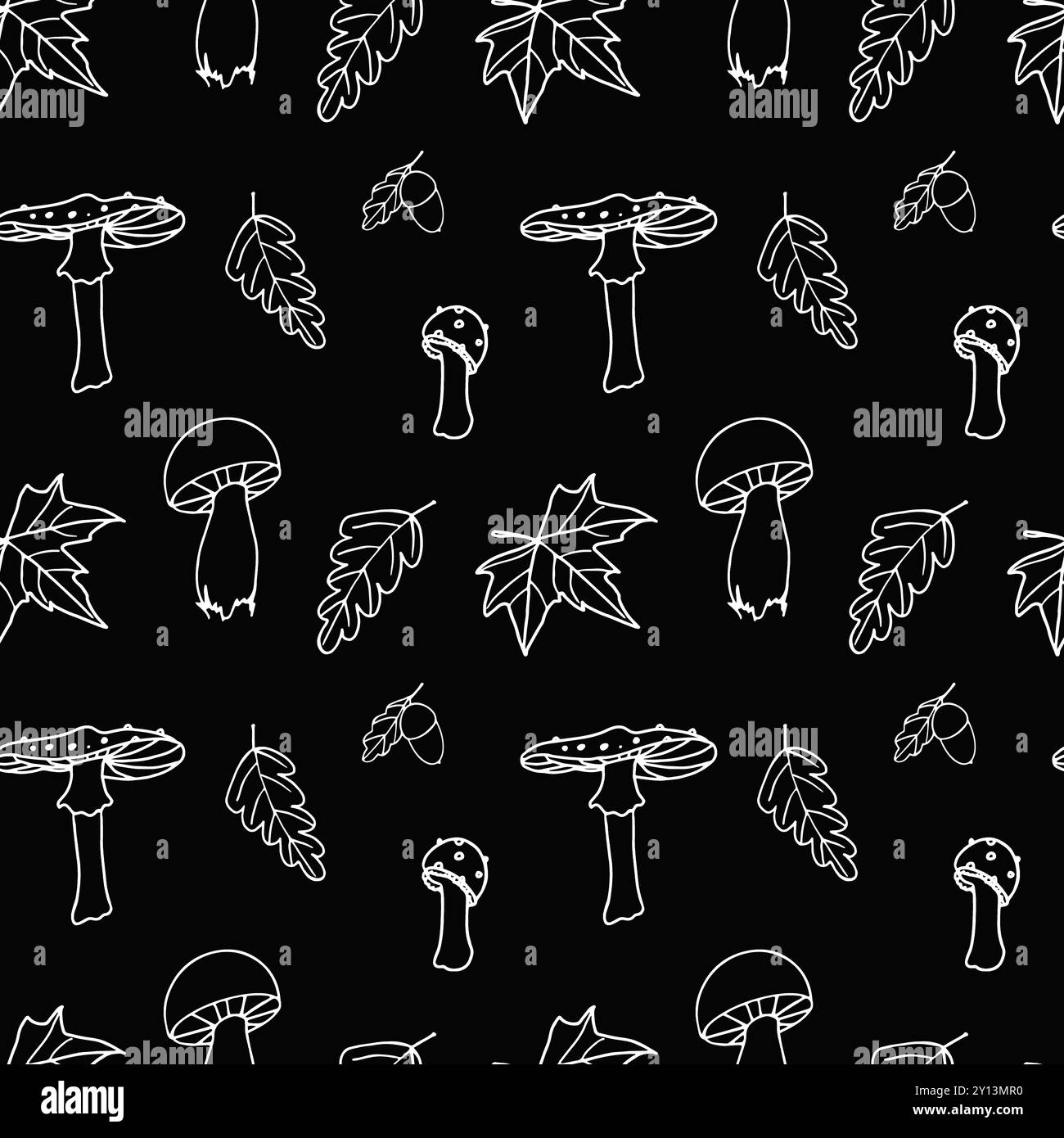 Nahtloses Muster mit Vektorpilzen und Blättern Stockfoto