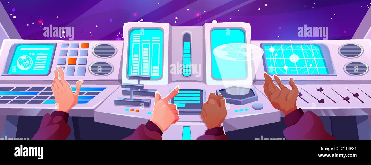 Innenraum des Raumschiffs mit männlichen Piloten auf dem Bedienfeld. Karikaturvektor-Illustration der Ansicht auf den Weltraum durch Fenster des futuristischen Space Shuttle mit Navigationszentrum Dashboard. Stock Vektor