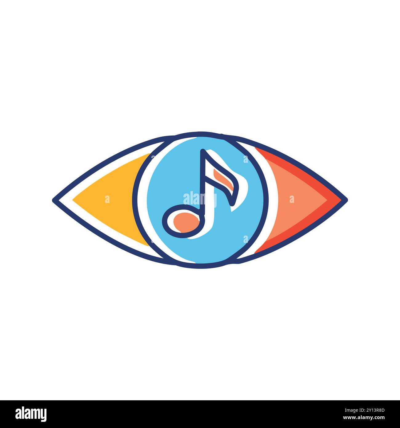 Musik im Auge. Farbenfrohe Augengrafik mit musikalischer Note in der Mitte, die die Kraft der Musik symbolisiert, uns zu inspirieren und zu bewegen. Stock Vektor