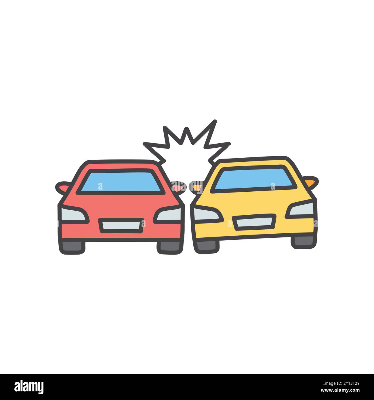 Abbildung eines Kollisionsfahrzeugs. Einfache Darstellung von zwei Autos, eines rot und eines gelb. Die Grafik symbolisiert einen Autounfall und dessen Folgen Stock Vektor