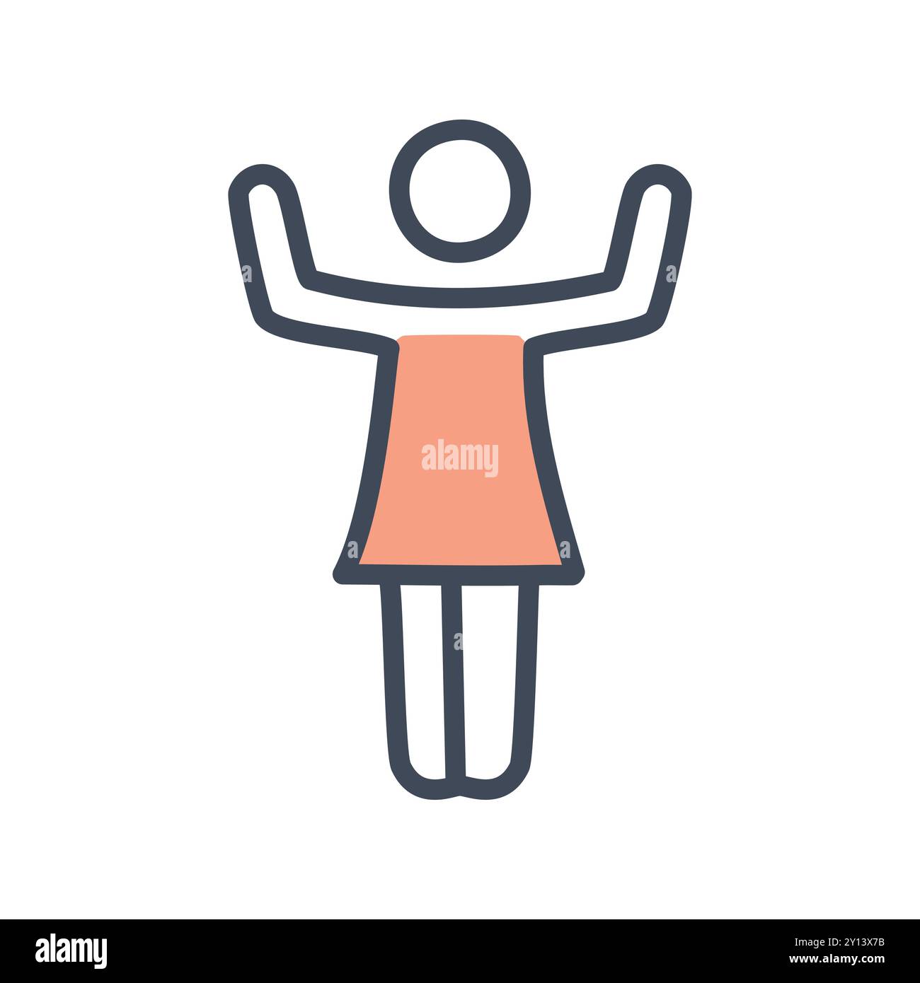 Symbol für glückliche Frau. Einfache Strichgrafik-Illustration einer weiblichen Figur mit erhobenen Händen, die Freude, Feier und Erfolg symbolisiert. Stock Vektor