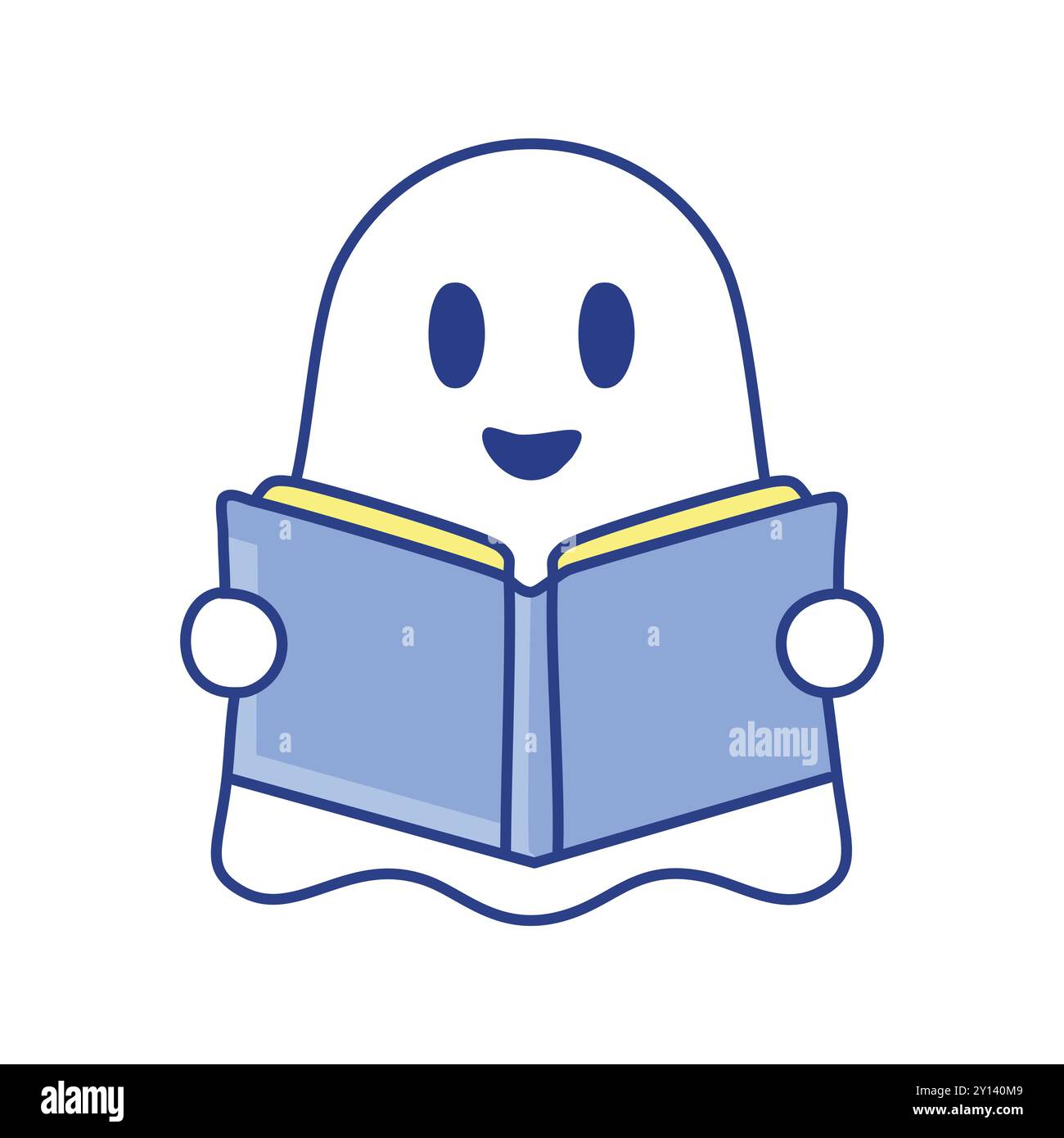 Geisterlesebuch. Niedliche Geisterfigur, die ein Buch liest, symbolisiert die Freude am Lernen und Wissen. Ideal für pädagogische und literarische Designs. Stock Vektor