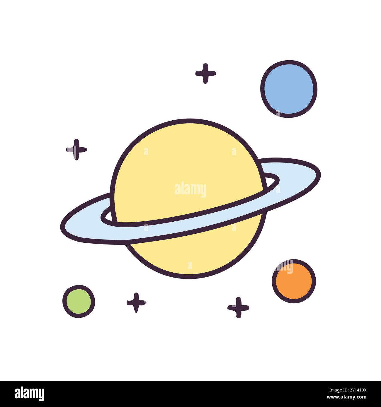 Planet mit Ringen. Cartoon-Illustration eines Planeten mit Ringen, Sternen und anderen Planeten im Hintergrund. Stock Vektor