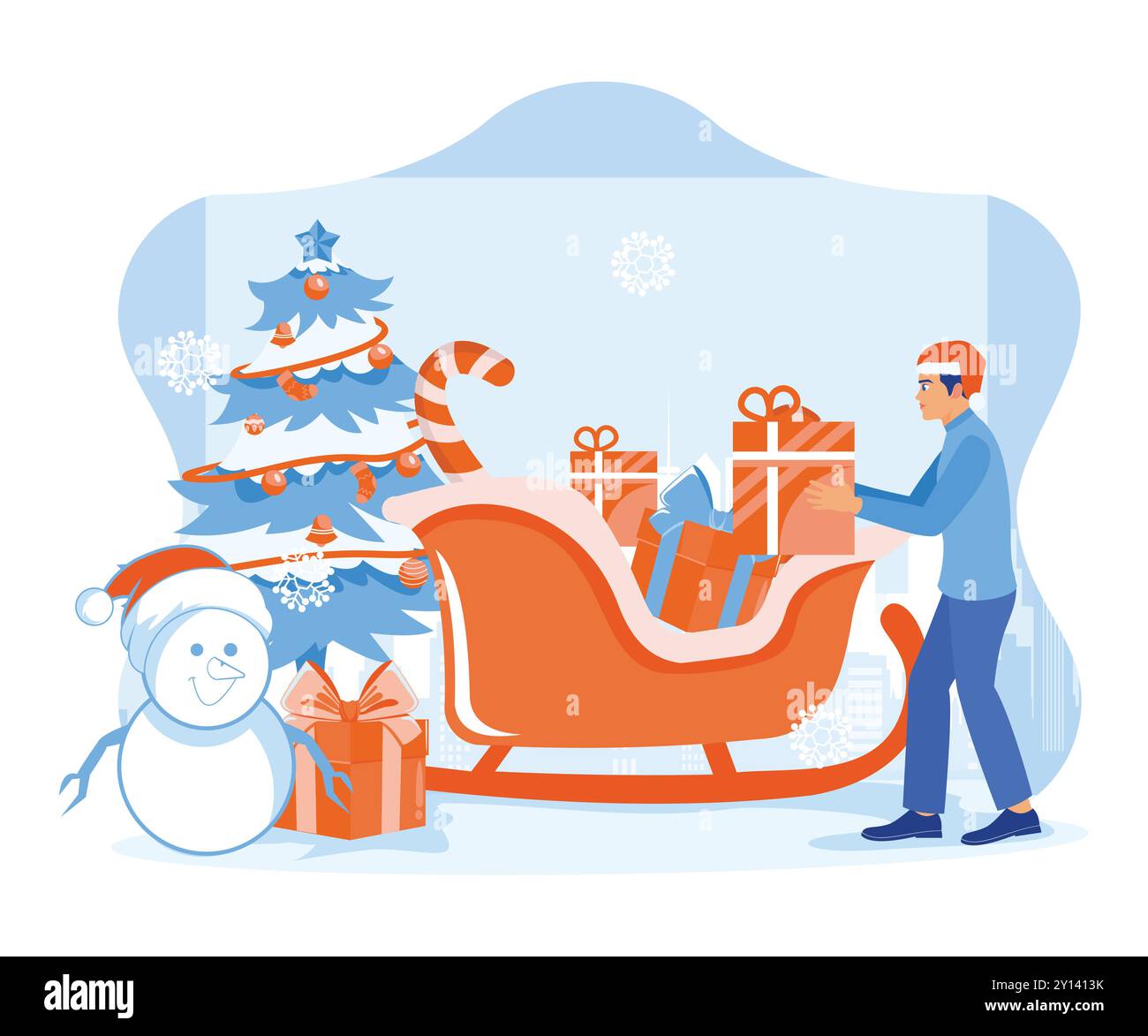 Erwachsene Männer stecken Weihnachtsgeschenke in den Schlitten des Weihnachtsmanns. Sie schmückten Weihnachtsbäume mit Sternen, Weihnachtsbällen und Schneemännern. Heiligabend-Konzept. Trend Stock Vektor