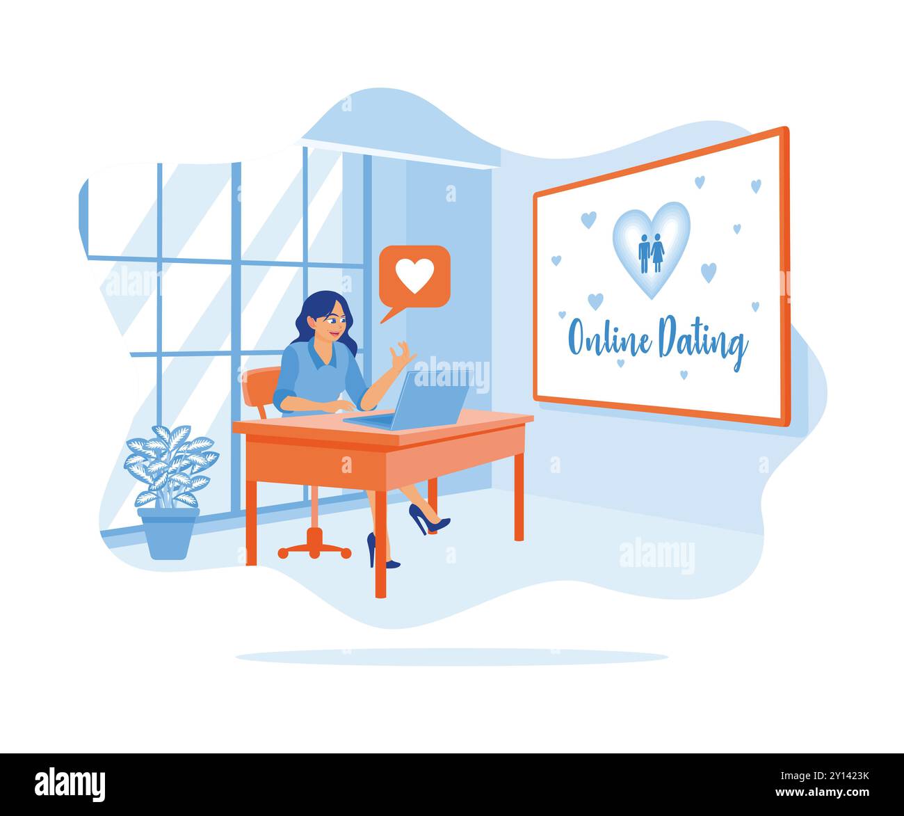 Eine junge Frau, die vor dem Laptop sitzt. Sie trifft sich online mit ihrem Freund zu Hause. Online-Dating-Konzept. Illustration des flachen Vektors. Stock Vektor