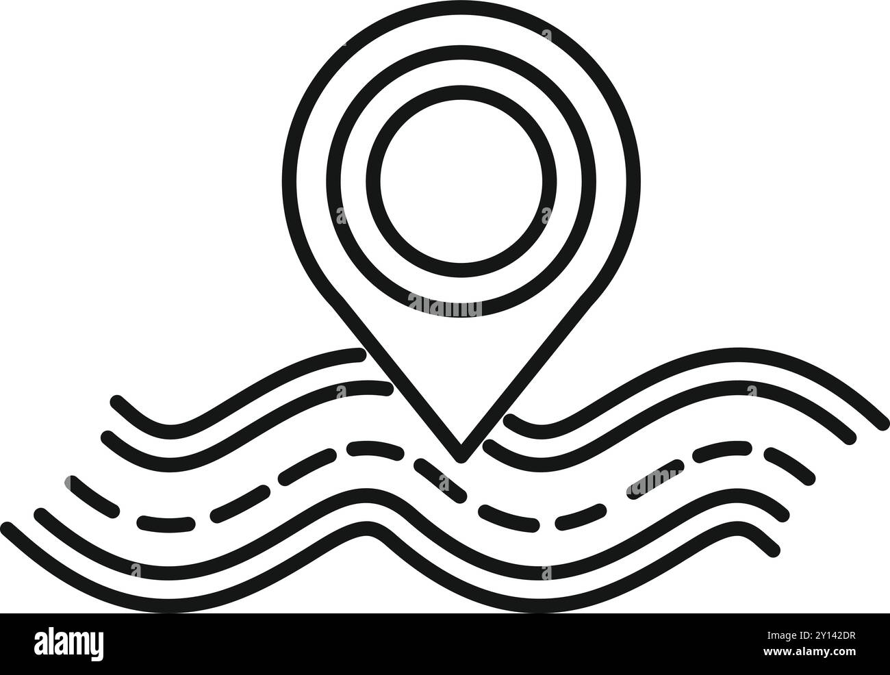 Einfaches Strichgrafik-Symbol einer Positionsnadel, die eine kurvenreiche Straße anzeigt Stock Vektor