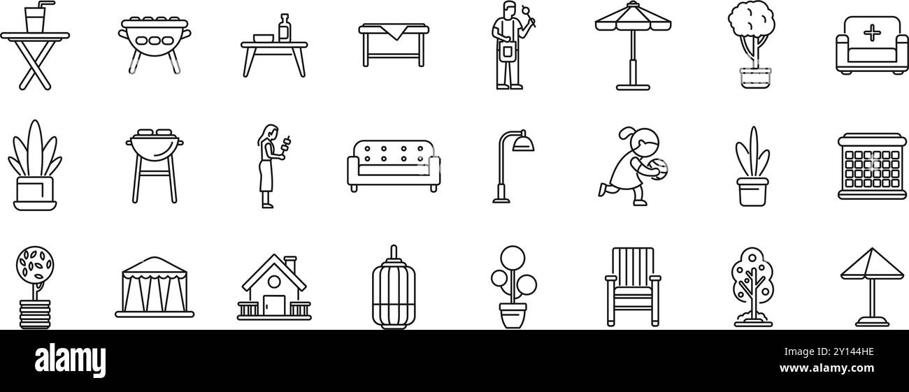 Icons für die Hausterrasse. Linien-Symbole für Aktivitäten im Garten, wie Gartenarbeit, Grillen, Entspannen und Möbel Stock Vektor