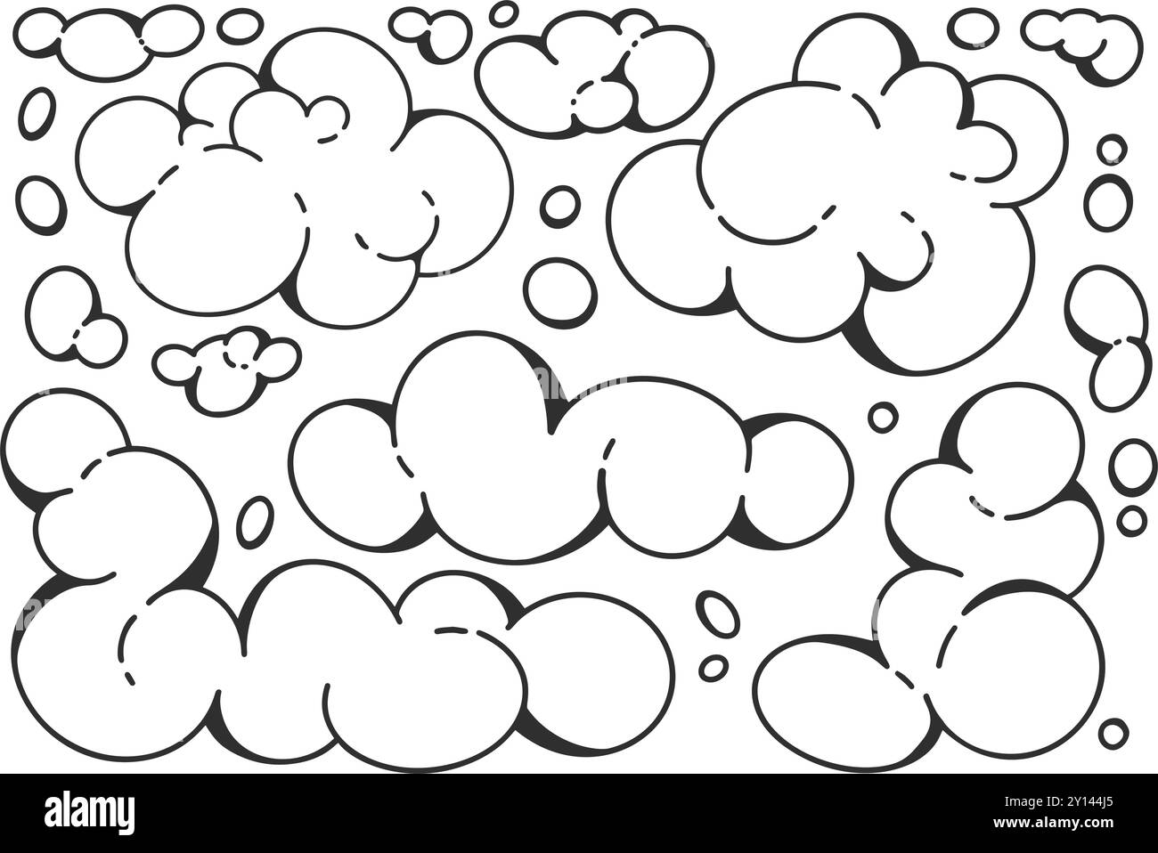 Y2K funky Wolkenformen. Verspieltes Vektordesign. Retro-Luftblasen in Zeichentrickfilmen. Umrisszeichnung Seifenschaum auf weißem Hintergrund Stock Vektor