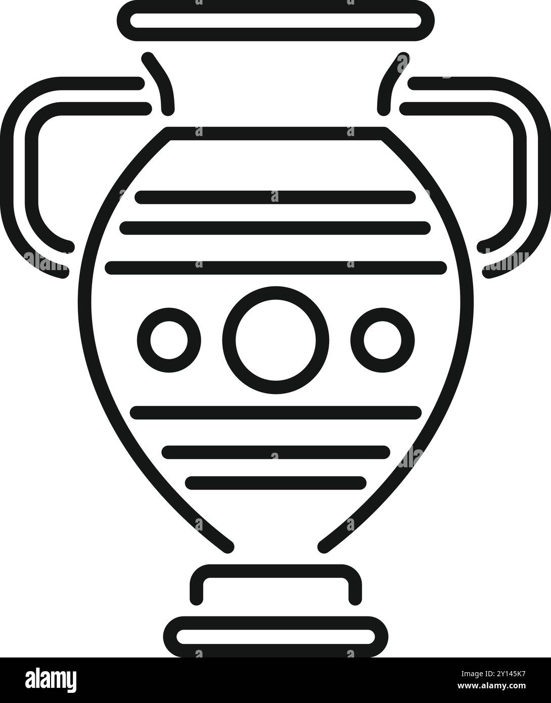 Linienzeichnung einer antiken griechischen Vase mit Griffen und einem runden Sockel, verziert mit Linien und Kreisen, die an klassische Kunst und Handwerkskunst erinnern Stock Vektor