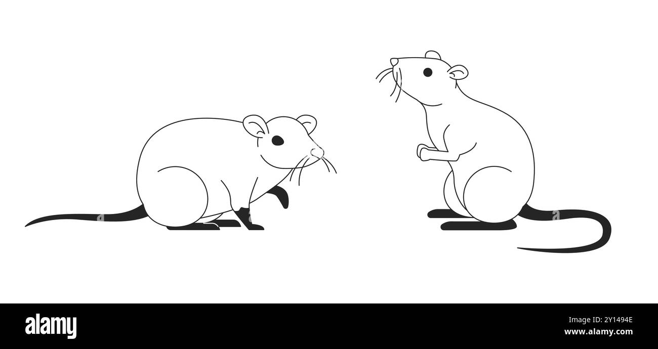 Ein paar süße domestizierte Ratten, schwarze und weiße 2D-Linien Stock Vektor