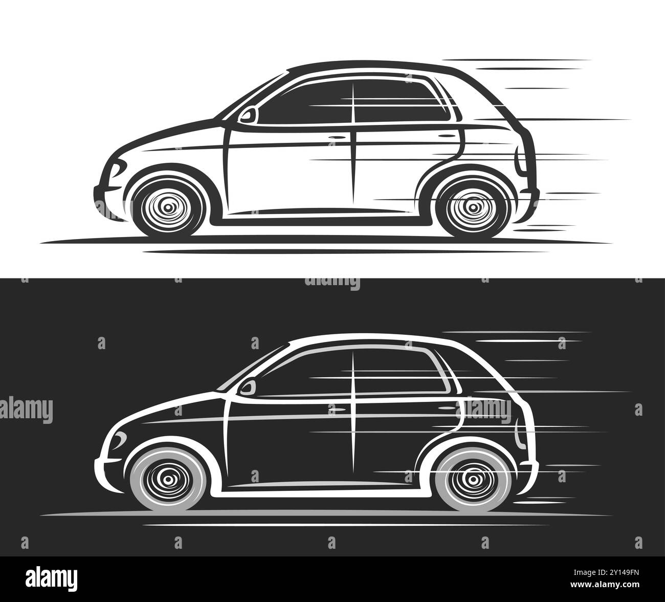 Vektor-Logo für kleines Hatchback-Auto, dekorative Automobil-Banner mit einfacher Illustration des weiblichen Mikroautos in Bewegung, Line Art läuft monochrom Stock Vektor