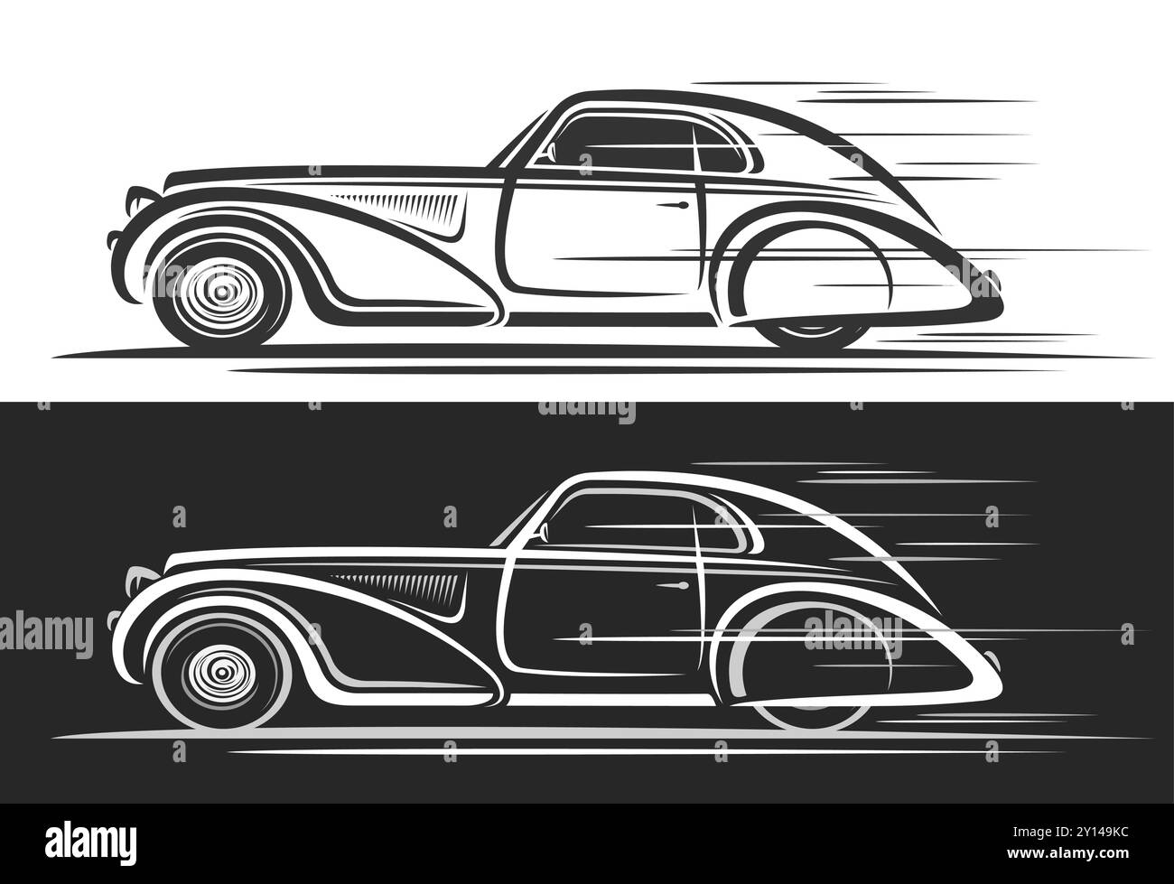 Vektor-Logo für Old Timer Coupe Auto, Automobil dekorative Banner mit einfacher Illustration des eleganten Autos in Bewegung, Clipart des laufenden monochromen lu Stock Vektor