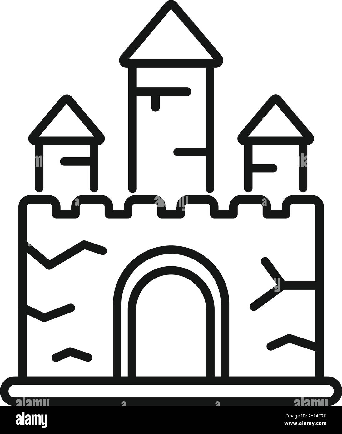 Linienzeichnung einer Sandburg mit Türmen, einem Tor und Rissen, die das Konzept des Sommerspaßes am Strand veranschaulicht Stock Vektor