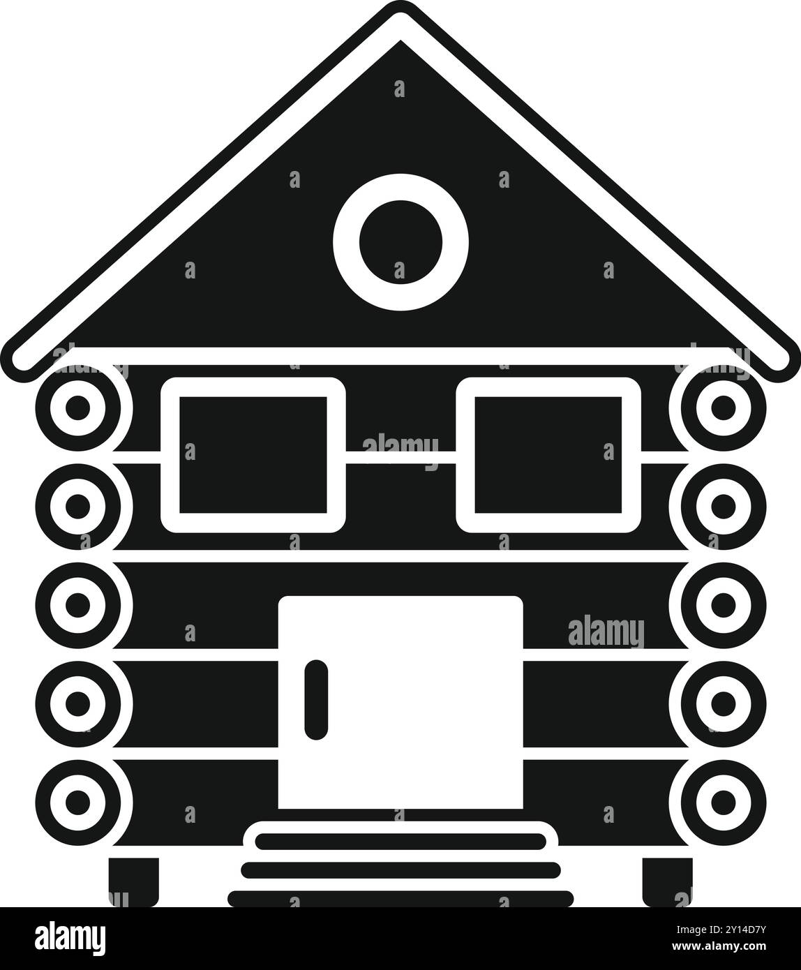 Einfaches Vektorsymbol einer traditionellen Holzblockhütte mit zwei Fenstern und einer Tür Stock Vektor