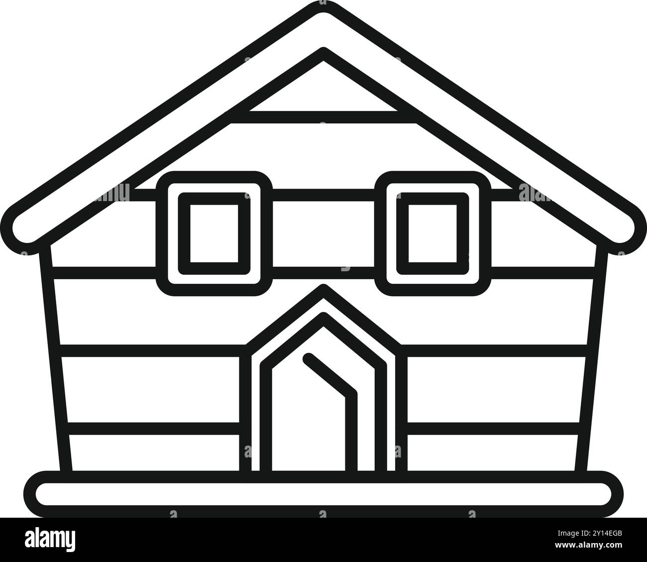 Einfache Strichkunst-Ikone einer Holzfassade mit zwei Fenstern und einer Tür für Tourismus- und Immobilienthemen Stock Vektor