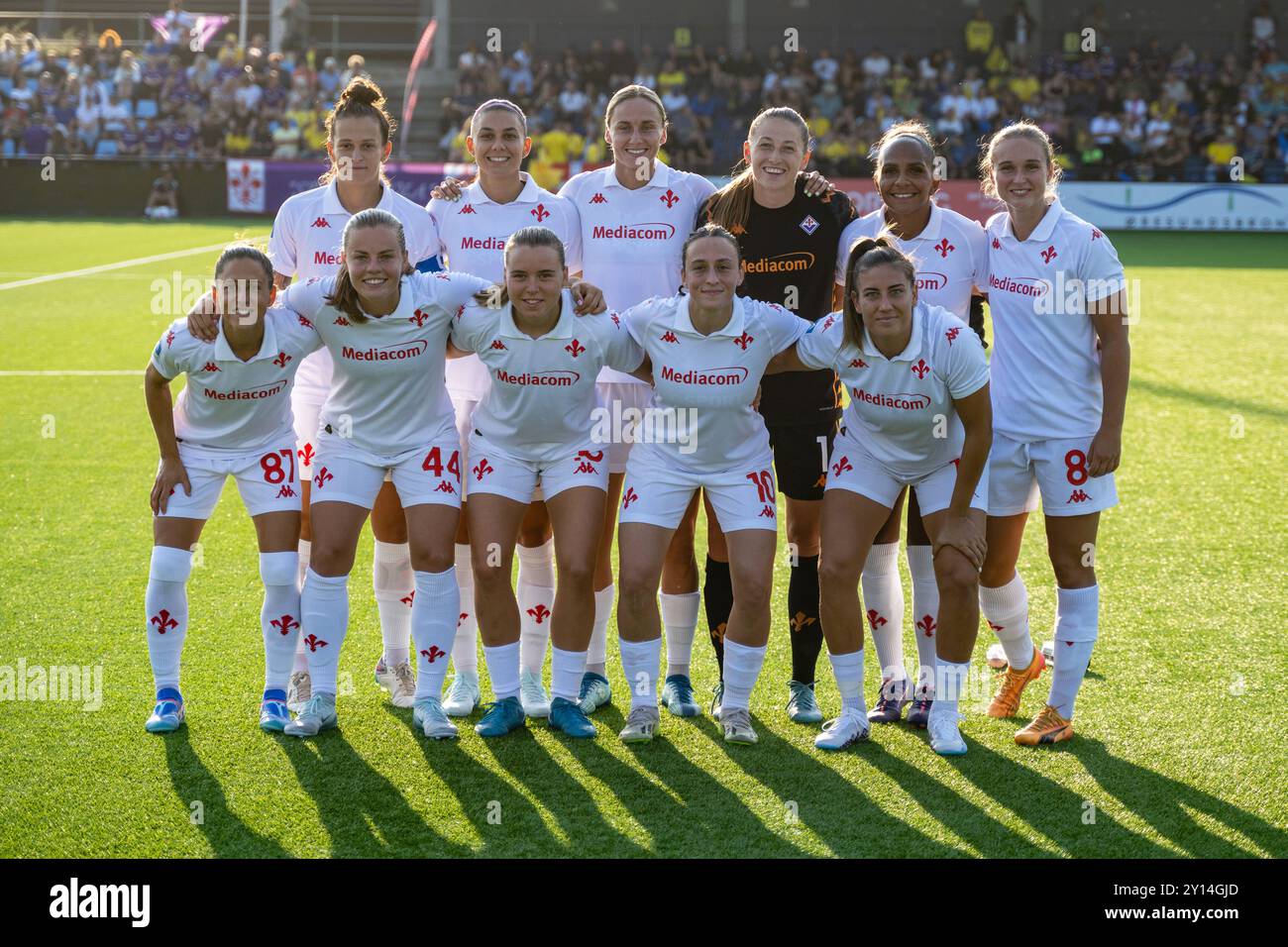 Broendby, Dänemark. September 2024. Das Startelf von Fiorentina für das Qualifikationsspiel der UEFA Women's Champions League zwischen Broendby IF und Fiorentina in Bane 2 in Broendby. Quelle: Gonzales Photo/Alamy Live News Stockfoto