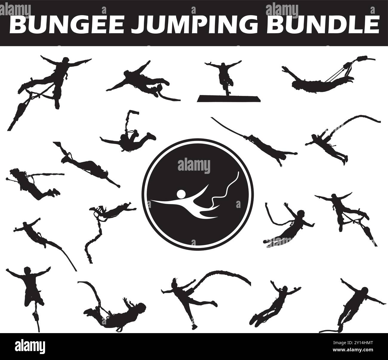 Bungee Jumping Silhouette Bundle | Sammlung von Bungee Jumping Spielern mit Logo und Bungee Jumping Ausrüstung Stock Vektor