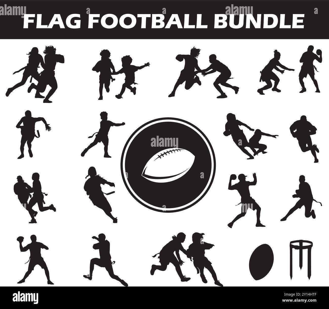 Flag Football Silhouette Bundle | Kollektion von Flag Football Spielern mit Logo und Flag Football Ausrüstung Stock Vektor