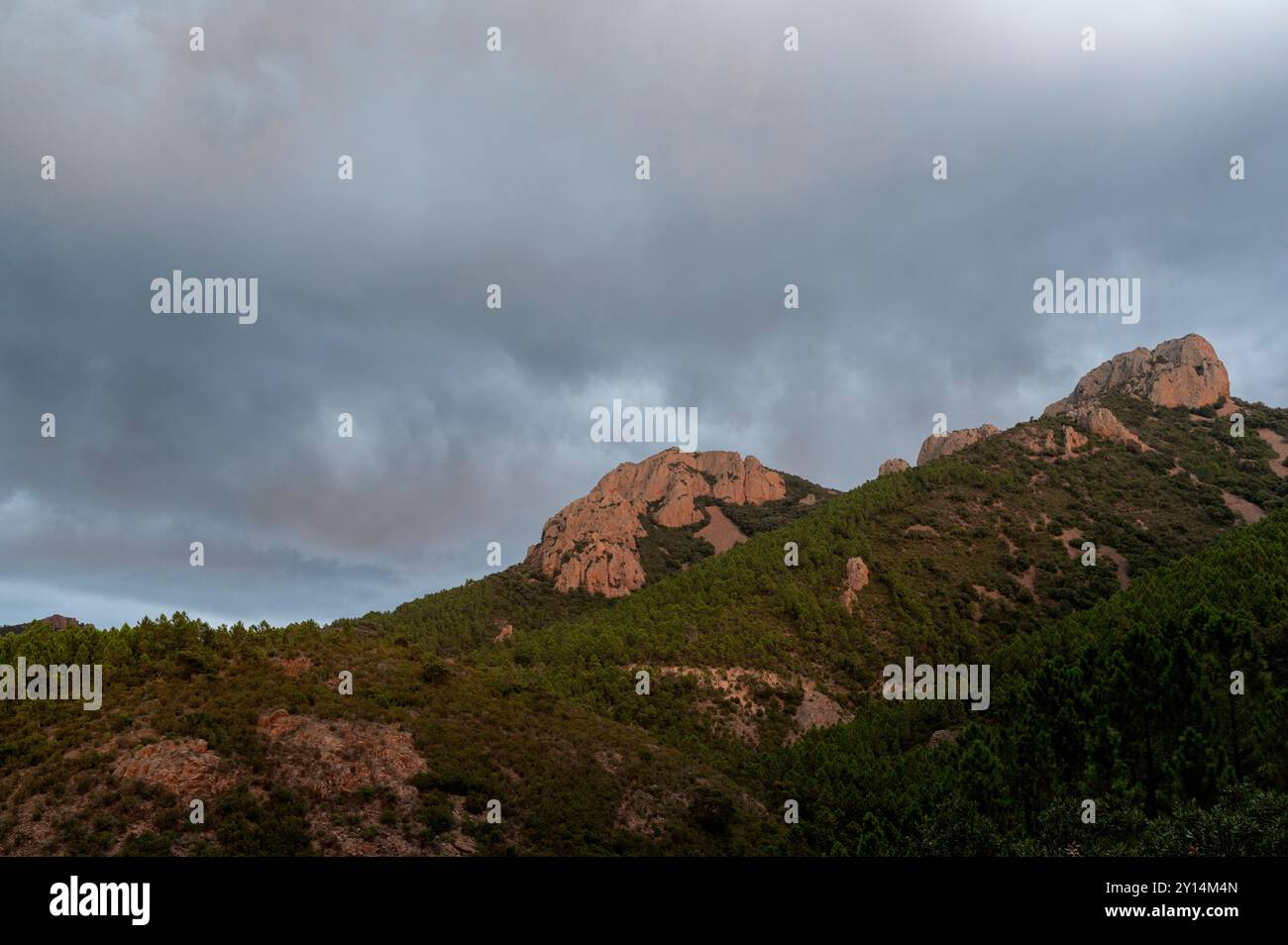 Panorama der roten Felsen des Nationalparks Estérel in Südfrankreich kurz vor einem Gewitter Stockfoto