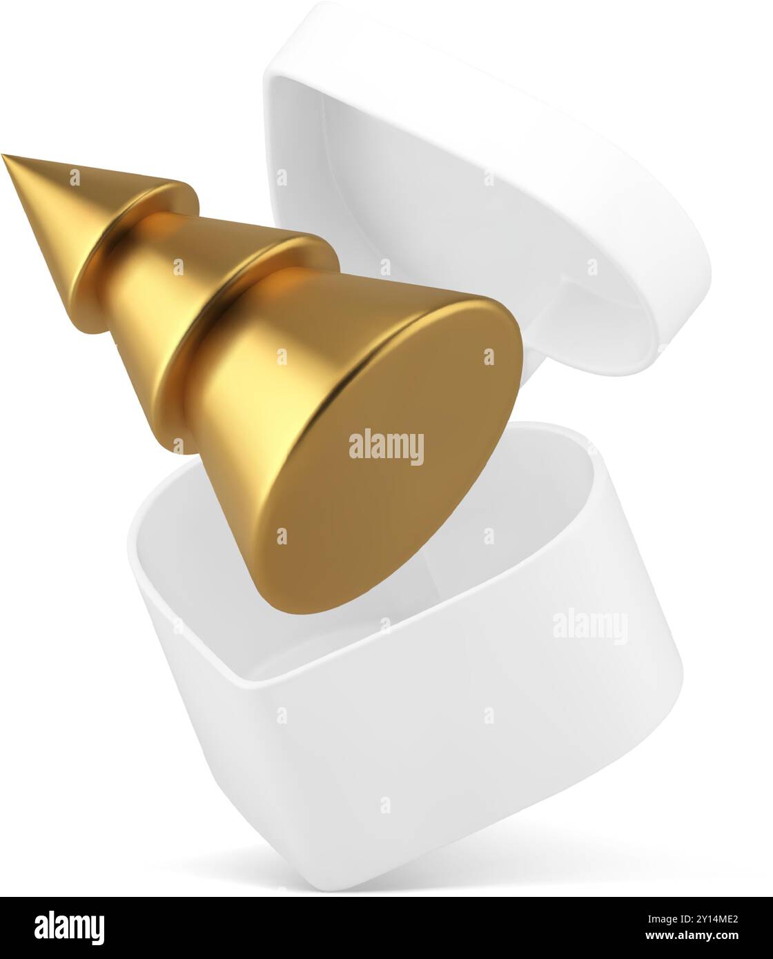 Goldene Weihnachtsbaumkugel fliegt in weißer Geschenkbox Herzform 3D Icon realistische Vektor-Illustration. Luxuriöses, metallisches Fichtenspielzeug im romantischen Presen Stock Vektor