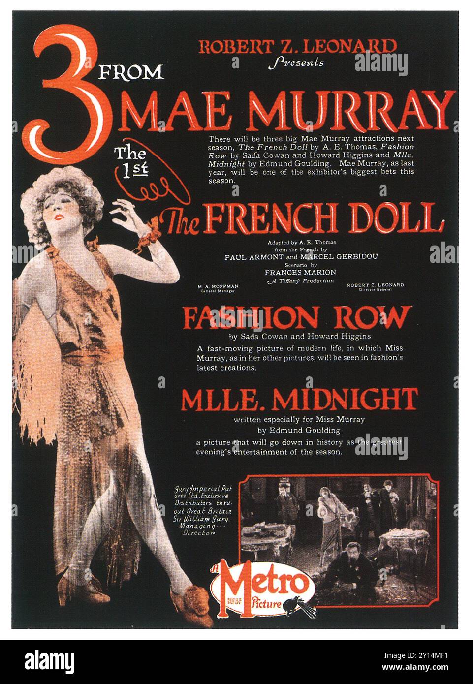 1923 Mae Murray Persönlichkeitsanzeige, Kunststück. „The French Doll“, „Fashion Row“, „Mlle. Mitternacht' - Metro Picture - Robert Z Leonard präsentiert Stockfoto