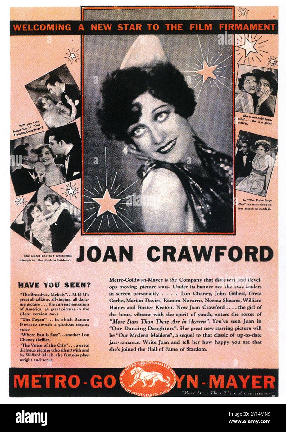 1929 Joan Crawford Personality Ad mit unseren tanzenden Töchtern, unseren modernen Maidens und dem Duke Steps Out.- MGM Stockfoto