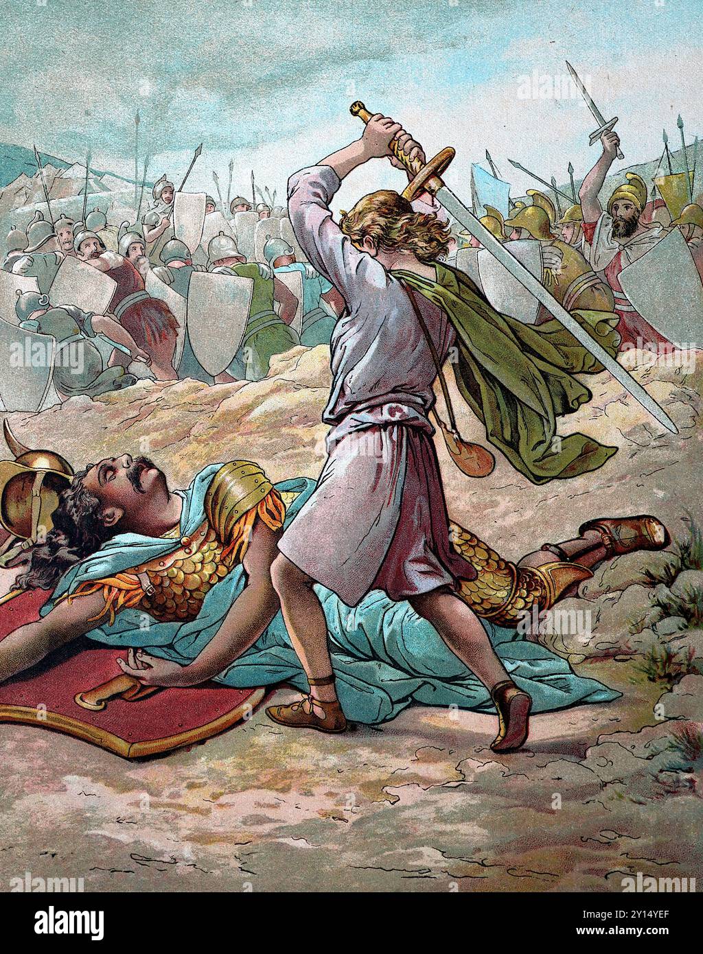 David, der Hirtenkönig, tötet Goliath. Aus einer Sammlung von Farbdrucken von Illustrationen von John Lawson (1838–1908), veröffentlicht in einem Buch biblischer Geschichten, um 1897. Lawson wurde in Dunfermline, Fyfe, Schottland geboren, verbrachte aber einen Großteil seines Lebens in England. Er wurde bekannt für seine Skulpturen, Gemälde und Buntglasdesigns. Stockfoto