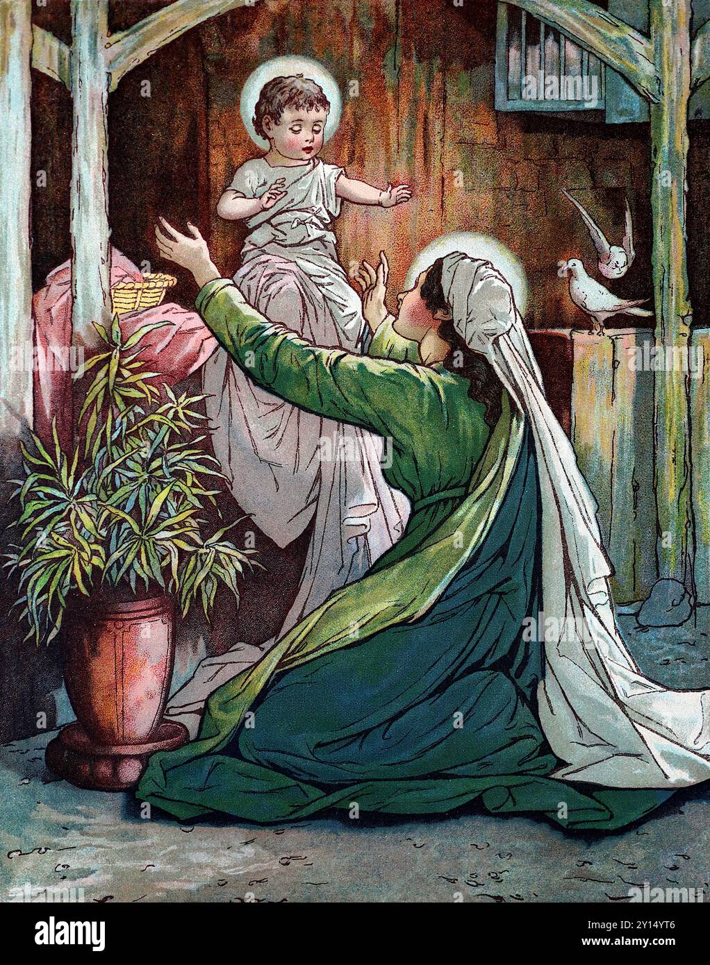 Maria, mit dem Jesuskind und zwei weißen Tauben. Aus einer Sammlung von Farbdrucken von Illustrationen von John Lawson (1838–1908), veröffentlicht in einem Buch biblischer Geschichten, um 1897. Lawson wurde in Dunfermline, Fyfe, Schottland geboren, verbrachte aber einen Großteil seines Lebens in England. Er wurde bekannt für seine Skulpturen, Gemälde und Buntglasdesigns. Stockfoto