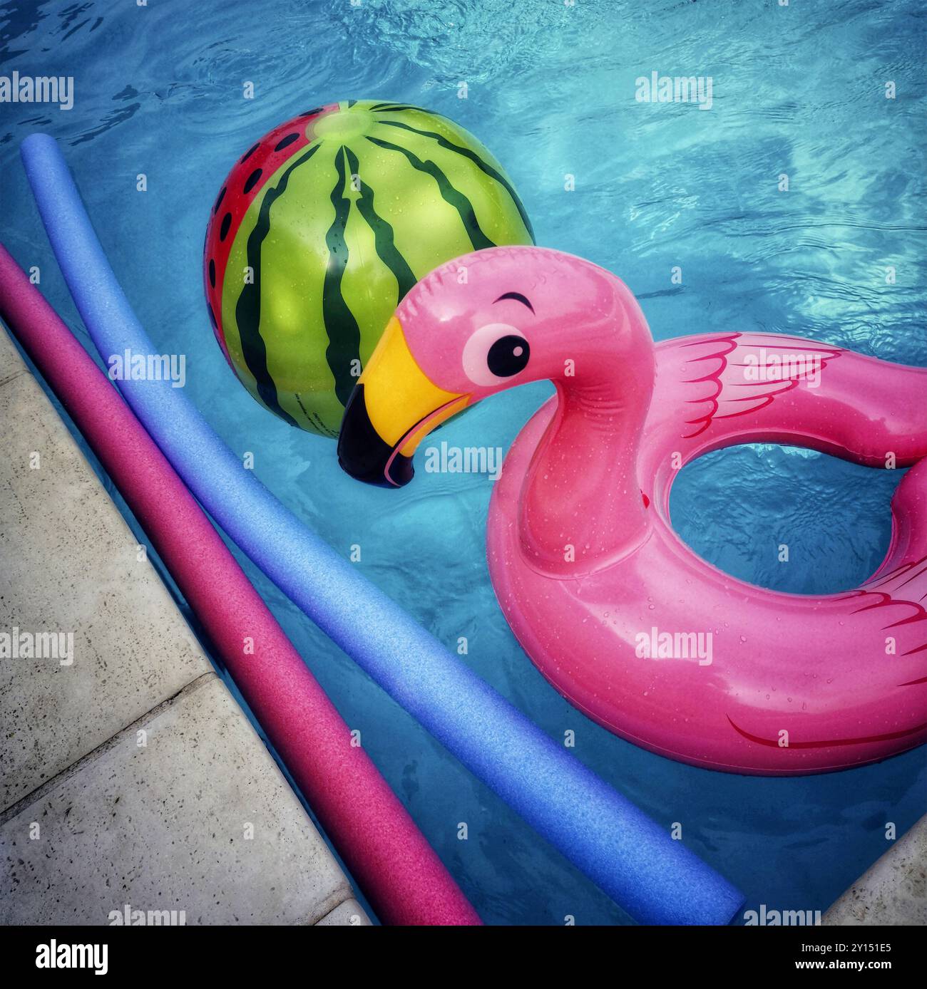 Farbenfrohe aufblasbare Flamingos und Bälle, die während der Sommeraktivitäten in einem sonnigen Swimmingpool schwimmen Stockfoto