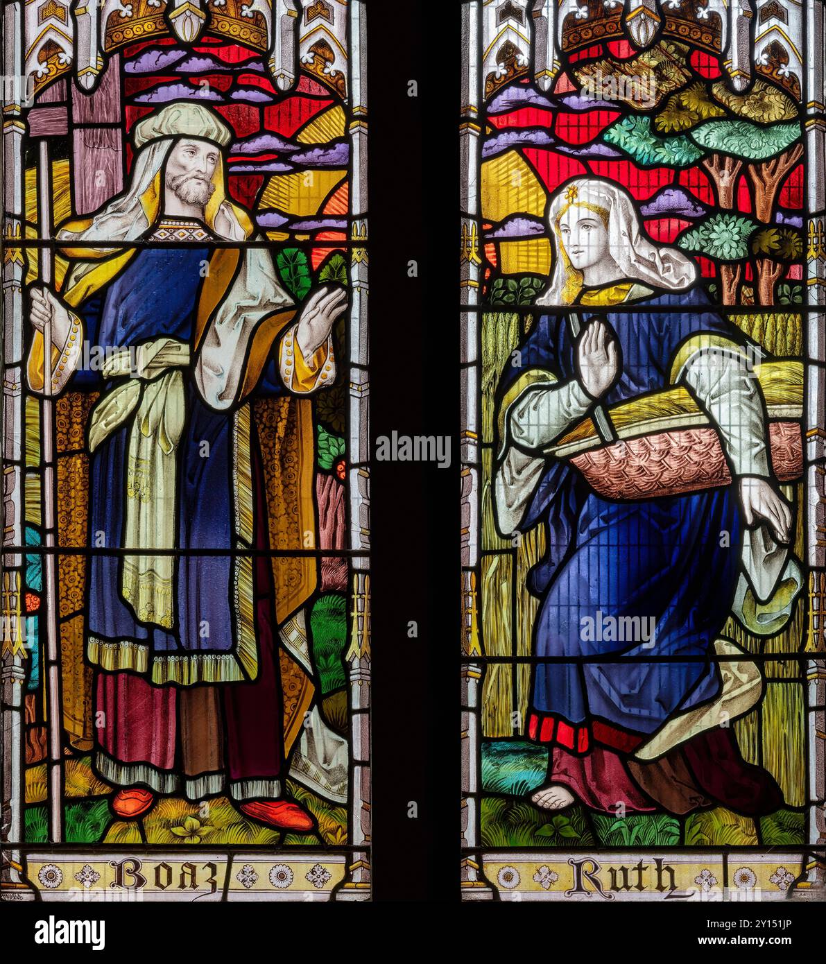 Boaz (Grundbesitzer) und Ruth (arme Witwe) dargestellt von Wailes und Strang, St. Michael's Church, Shap, Westmorland und Furness, Cumbria, UK Stockfoto