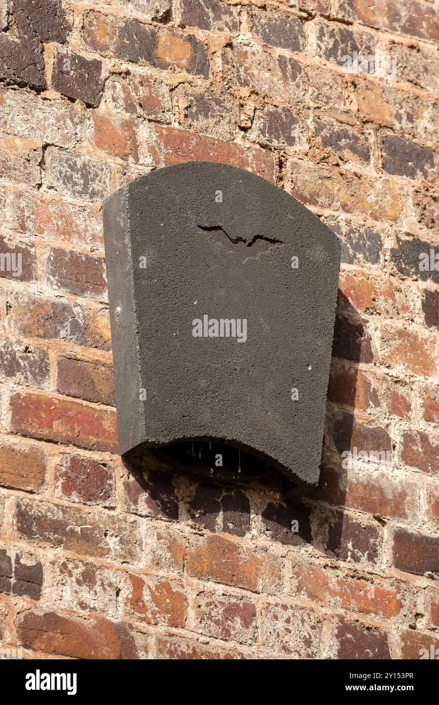 Nahaufnahme der WoodStone Fledermausnistbox (für Spaltfledermäuse), die bei Sonnenschein an der Backsteinmauer des britischen Stadtgebäudes befestigt ist. Stockfoto