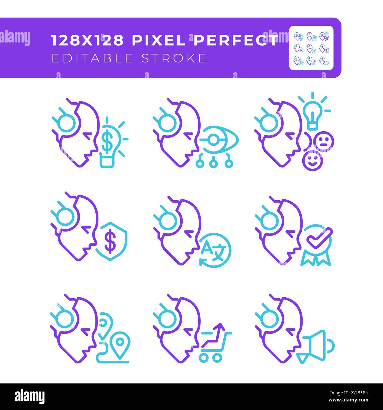 KI-bezogene Symbole mit zwei Farblinien Stock Vektor