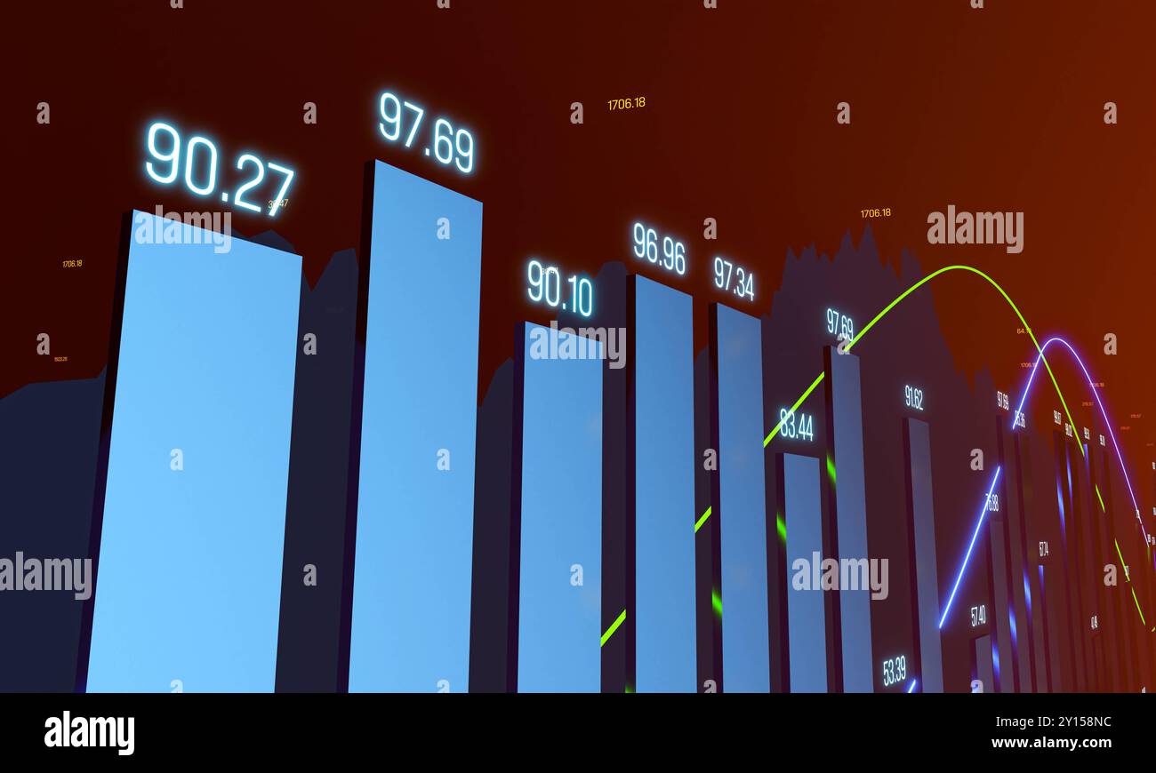 Nahaufnahme eines abstrakten blauen Balkendiagramms mit Finanzzahlen und beweglichen Linien. Nahaufnahme eines abstrakten blauen Balkendiagramms mit orangefarbenen Finanzzahlen und Linien. Dunkles Diagramm im Hintergrund. Img_business053_s03_bar_Graph_Data Stockfoto