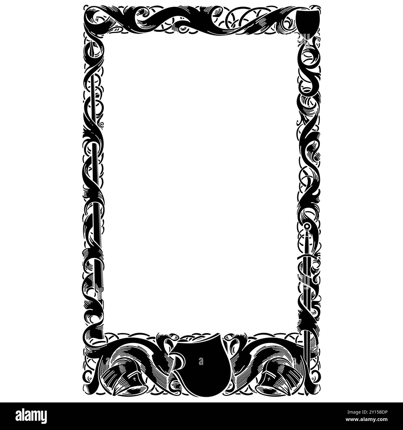Mittelalterliches Design. Rahmen im Ritterstil mit Schwertern, Speeren, Schild, Helm und Blumenverzierungen und Bändern Stock Vektor