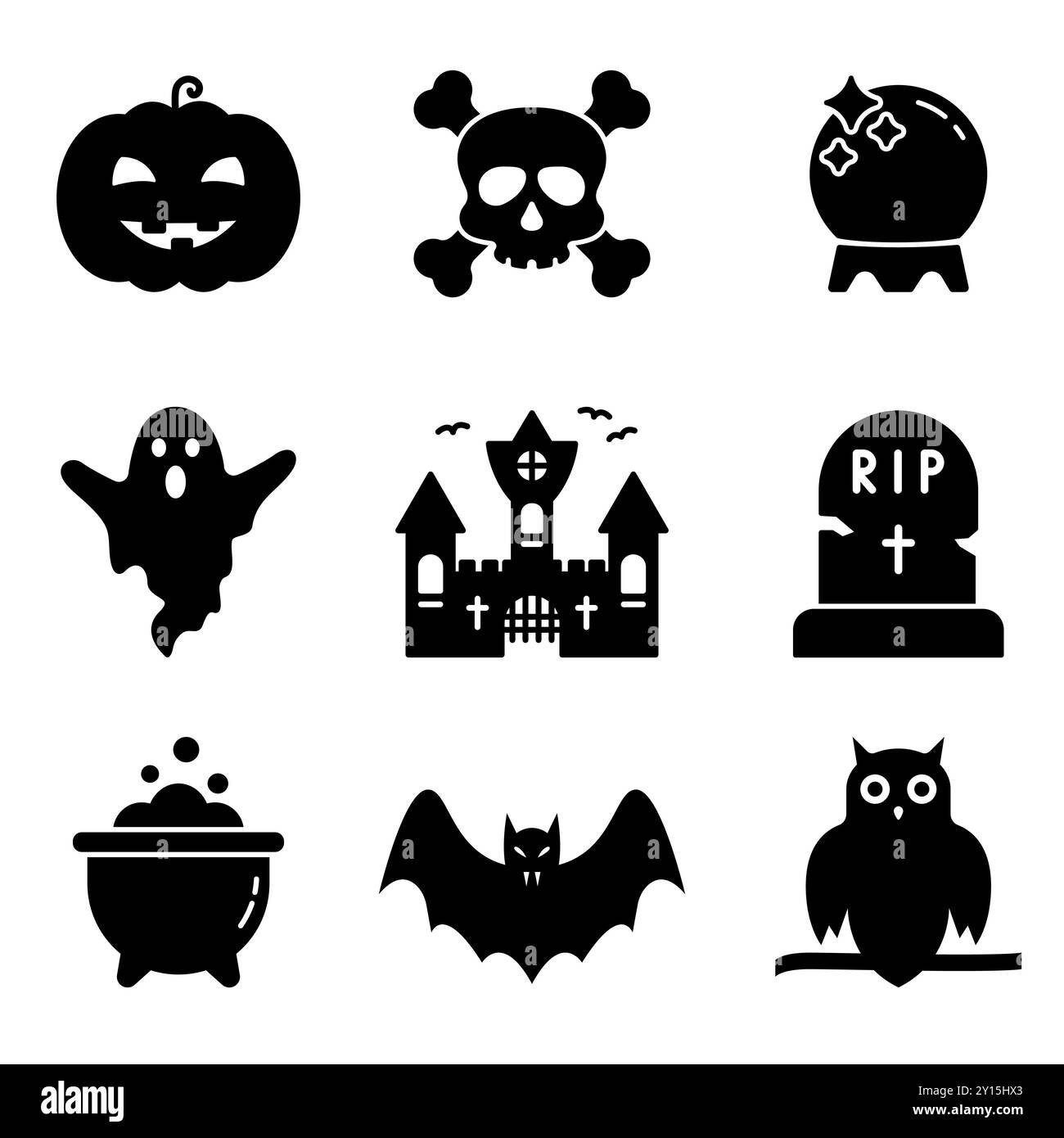 Halloween Spooky Silhouette Symbol Set. Schwarzer Kürbis, Fledermaus, Vampir, Kessel, Grab, Totenkopf, Schlossgeister-Glyph-Piktogramm. Niedliches Helloween-Set Stock Vektor